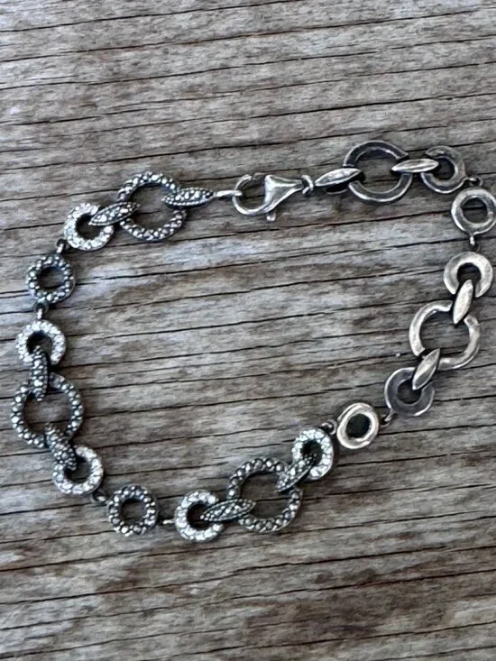 Sterling Silver Link Bracelet 925 Marcasite Style Circle Link Lobster Clasp 7” 1 - Picture 4 of 8